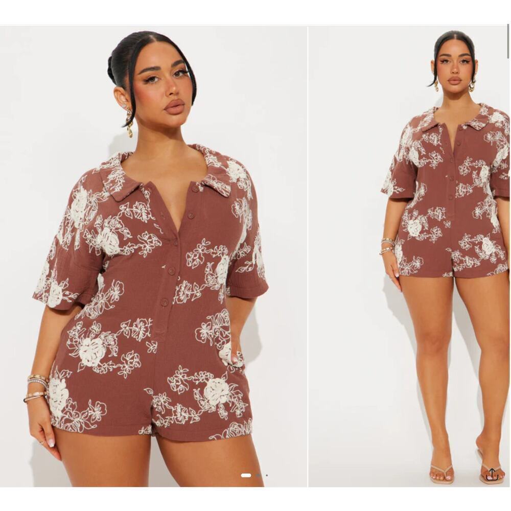 Fashion Nova Floral Romper Brown Boho Vacation Resort Wear Shorts Romper XS - Picture 9 of 10